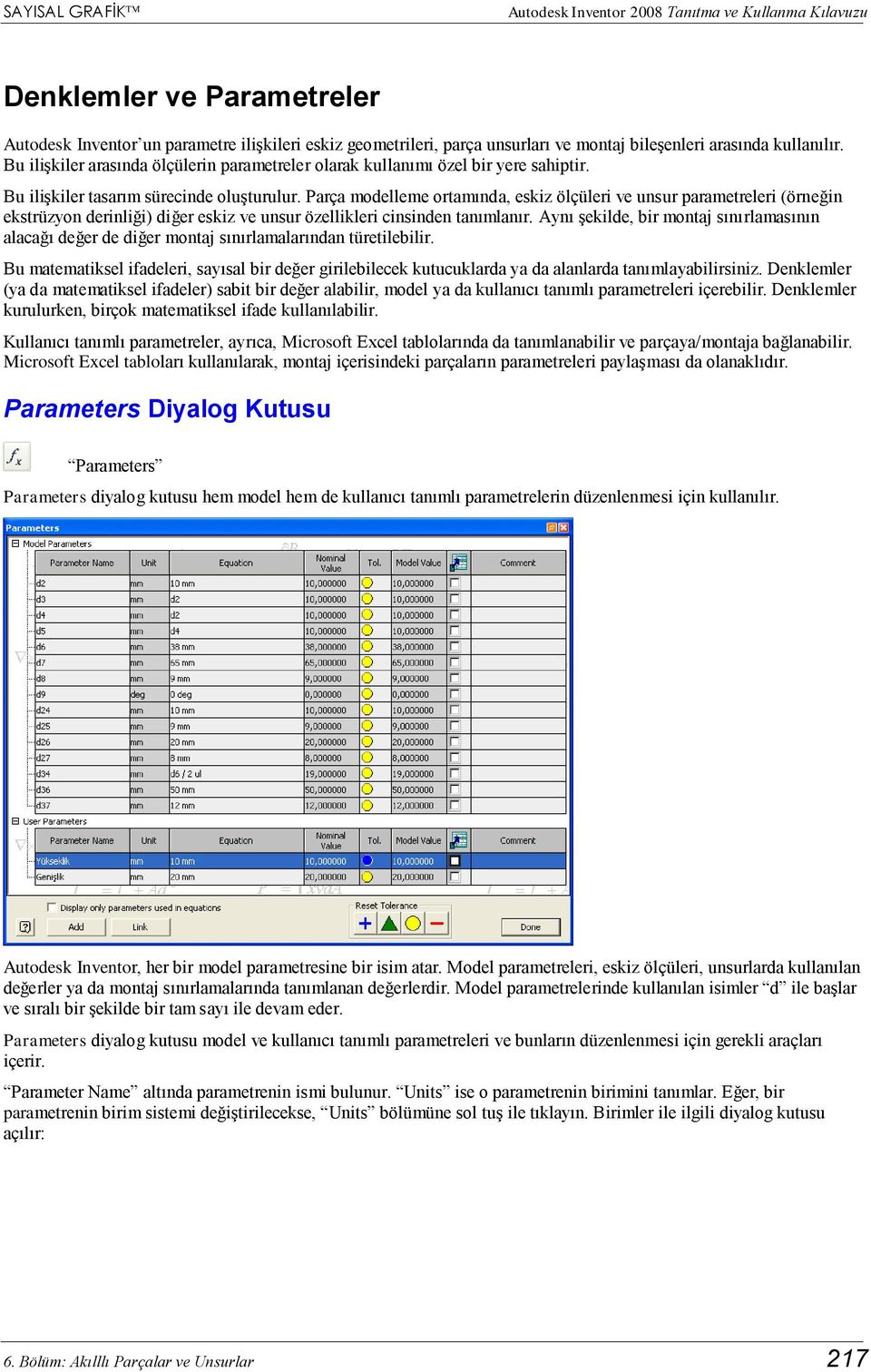 Parça modelleme ortamında, eskiz ölçüleri ve unsur parametreleri (örneğin ekstrüzyon derinliği) diğer eskiz ve unsur özellikleri cinsinden tanımlanır.