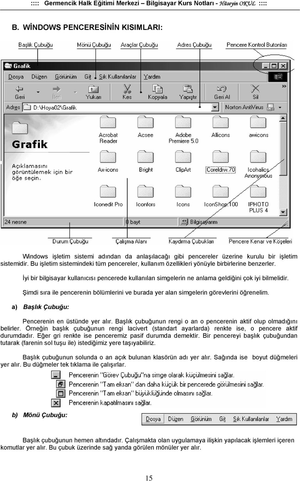 Şimdi sıra ile pencerenin bölümlerini ve burada yer alan simgelerin görevlerini öğrenelim. a) Başlık Çubuğu: Pencerenin en üstünde yer alır.