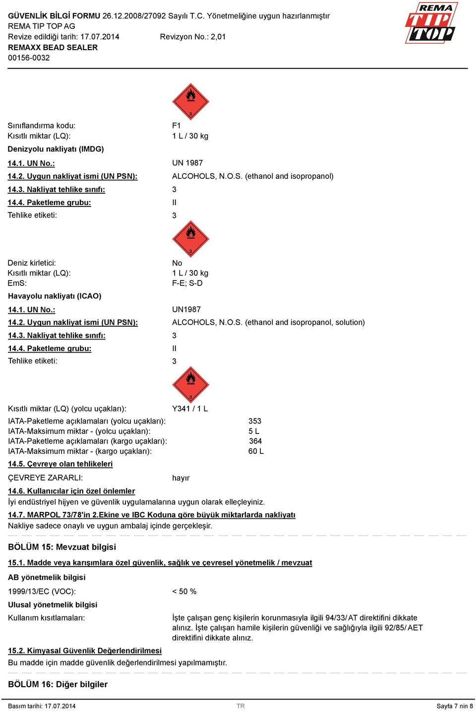 . Nakliyat tehlike sınıfı: 14.4. Paketleme grubu: Tehlike etiketi: ALCOHOLS,