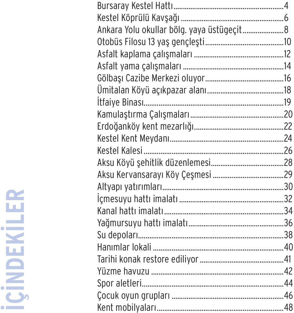 ..22 Kestel Kent Meydanı...24 Kestel Kalesi...26 Aksu Köyü şehitlik düzenlemesi...28 Aksu Kervansarayı Köy Çeşmesi...29 Altyapı yatırımları...30 İçmesuyu hattı imalatı.