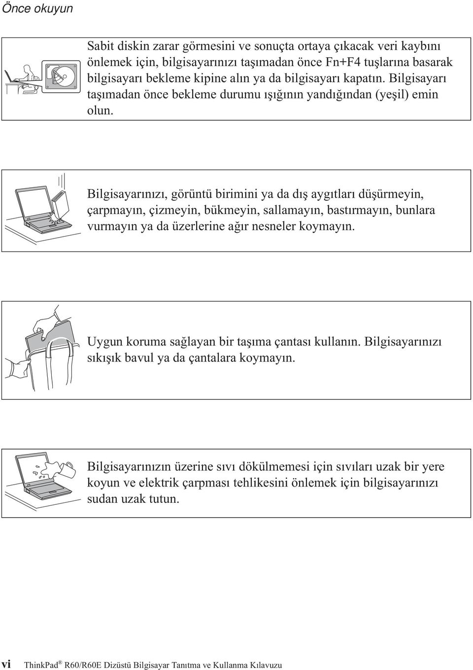 Bilgisayarınızı, görüntü birimini ya da dış aygıtları düşürmeyin, çarpmayın, çizmeyin, bükmeyin, sallamayın, bastırmayın, bunlara vurmayın ya da üzerlerine ağır nesneler koymayın.