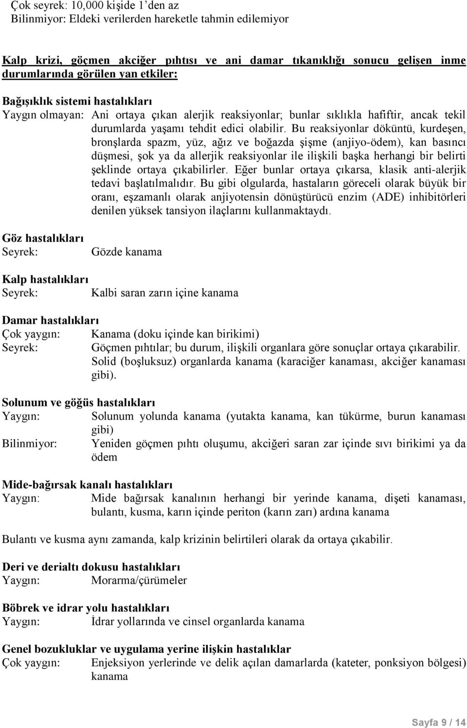 Bu reaksiyonlar döküntü, kurdeşen, bronşlarda spazm, yüz, ağız ve boğazda şişme (anjiyo-ödem), kan basıncı düşmesi, şok ya da allerjik reaksiyonlar ile ilişkili başka herhangi bir belirti şeklinde