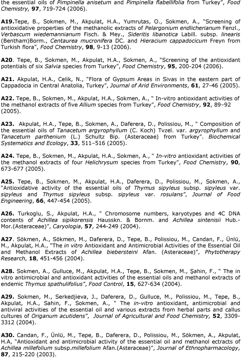 linearis (Bentham)Borm., Centaurea mucronifera DC. and Hieracium cappadocicum Freyn from Turkish flora, Food Chemistry, 98, 9-13 (2006). A20. Tepe, B., Sokmen, M., Akpulat, H.A., Sokmen, A.