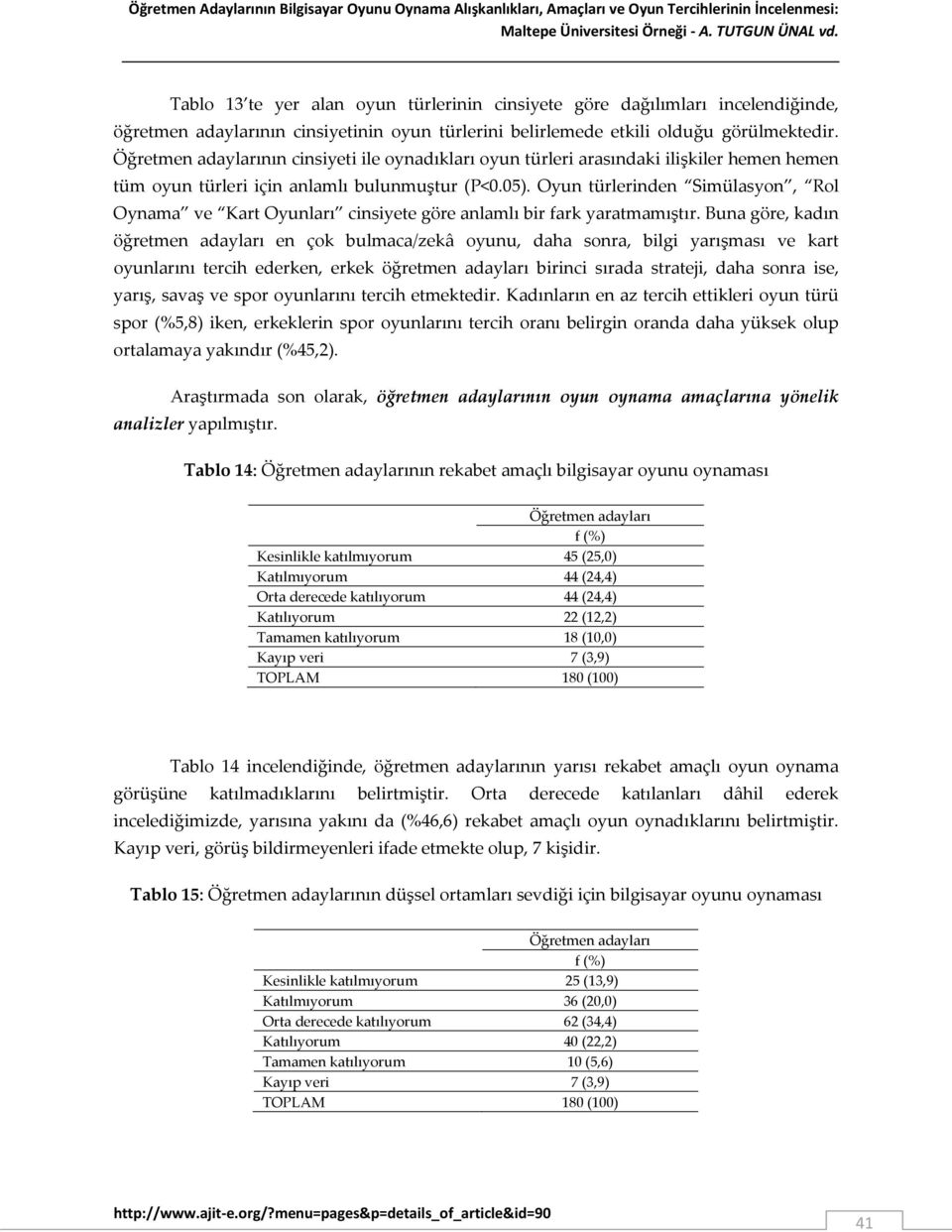 nın cinsiyeti ile oynadıkları oyun türleri arasındaki ilişkiler hemen hemen tüm oyun türleri için anlamlı bulunmuştur (P<0.05).