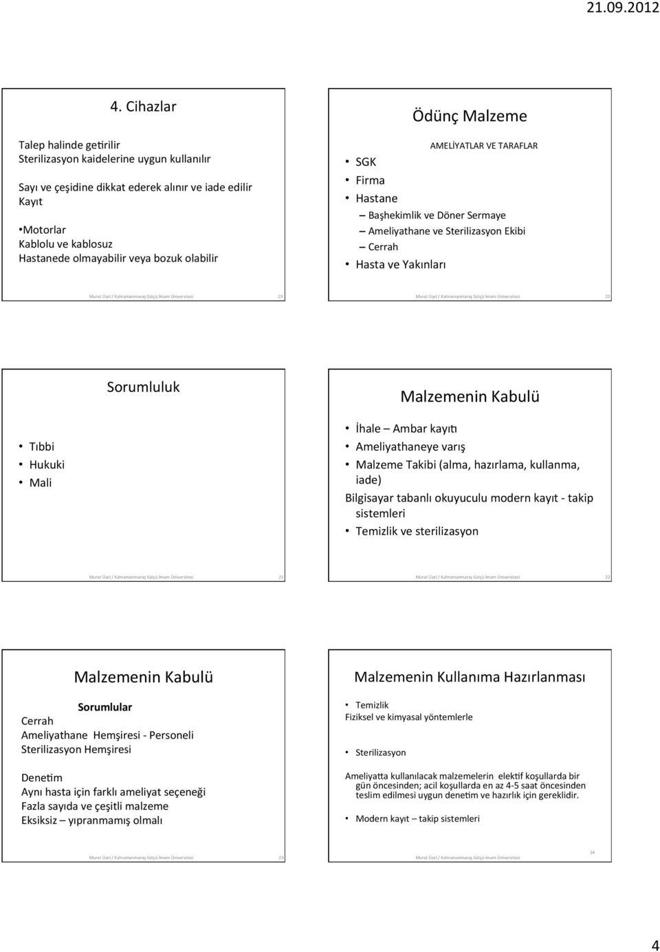 Tıbbi Hukuki Mali İhale Ambar kayıe Ameliyathaneye varış Malzeme Takibi (alma, hazırlama, kullanma, iade) Bilgisayar tabanlı okuyuculu modern kayıt - takip sistemleri Temizlik ve sterilizasyon 21 22