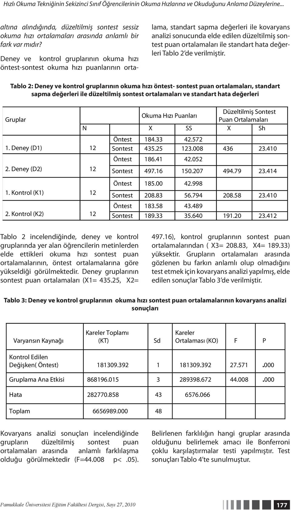 Deney ve kontrol gruplarının okuma hızı öntest-sontest okuma hızı puanlarının ortalama, standart sapma değerleri ile kovaryans analizi sonucunda elde edilen düzeltilmiş sontest puan ortalamaları ile