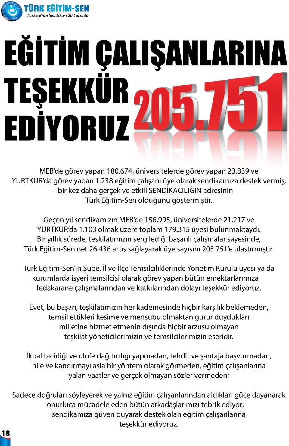 995, üniversitelerde 21.217 ve YURTKUR da 1.103 olmak üzere toplam 179.315 üyesi bulunmaktaydı. Bir yıllık sürede, teşkilatımızın sergilediği başarılı çalışmalar sayesinde, Türk Eğitim-Sen net 26.