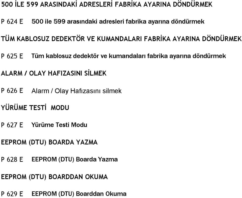 fabrika ayarına döndürmek ALARM / OLAY HAFIZASINI SİLMEK P 626 E Alarm / Olay Hafızasını silmek YÜRÜME TESTİ MODU P 627 E