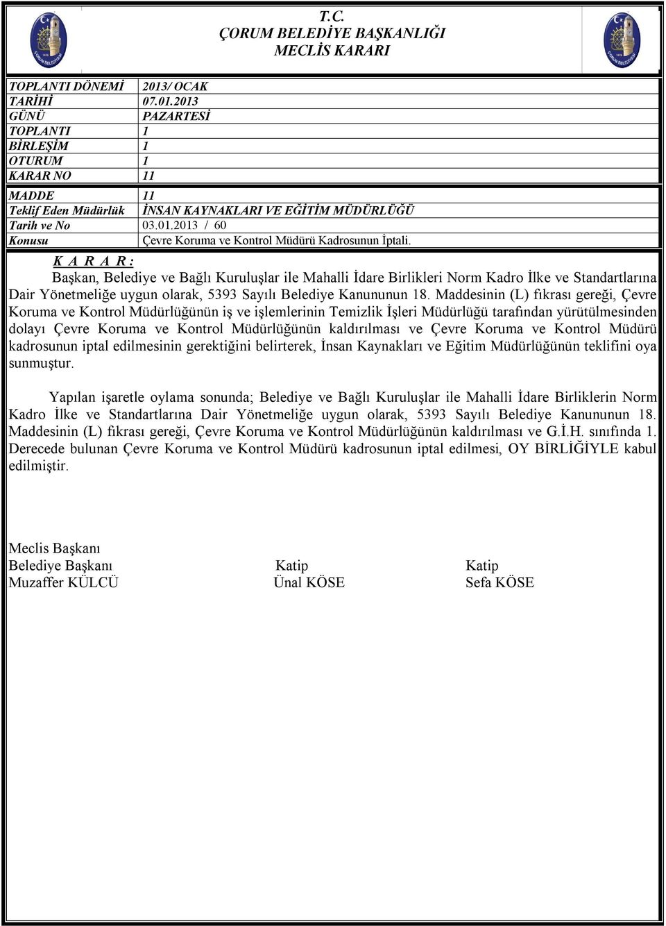 K A R A R : Başkan, Belediye ve Bağlı Kuruluşlar ile Mahalli İdare Birlikleri Norm Kadro İlke ve Standartlarına Dair Yönetmeliğe uygun olarak, 5393 Sayılı Belediye Kanununun 18.