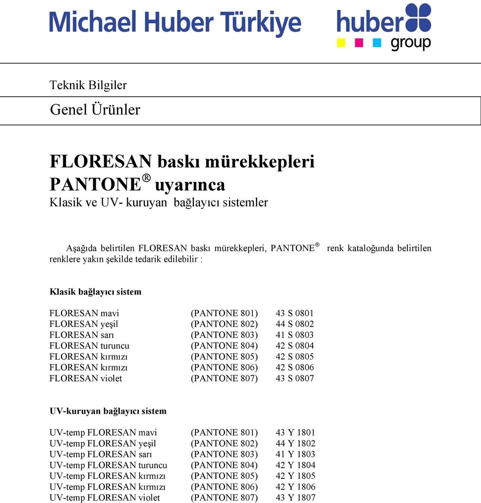 turuncu (PANTONE 804) 42 S 0804 FLORESAN kırmızı (PANTONE 805) 42 S 0805 FLORESAN kırmızı (PANTONE 806) 42 S 0806 FLORESAN violet (PANTONE 807) 43 S 0807 UV-kuruyan bağlayıcı sistem UV-temp FLORESAN