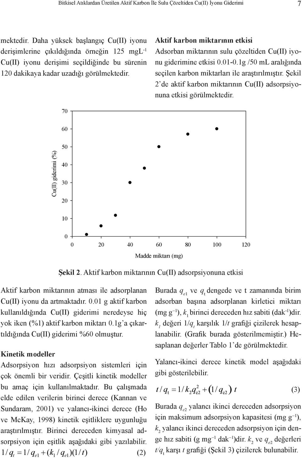 Aktif karbon miktarının etkisi Adsorban miktarının sulu çözeltiden Cu(II) iyonu giderimine etkisi 0.01-0.1g /50 ml aralığında seçilen karbon miktarları ile araştırılmıştır.