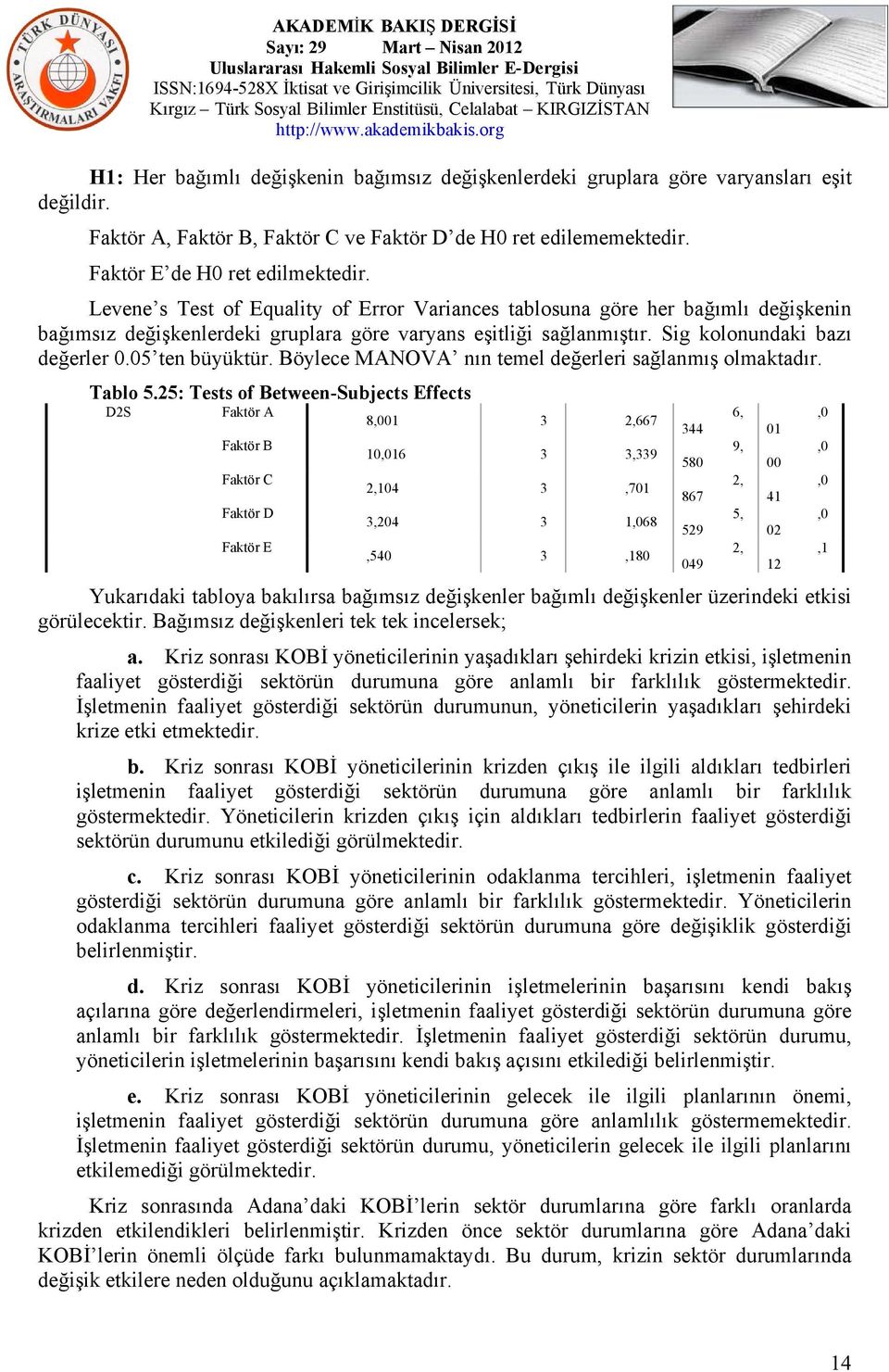 05 ten büyüktür. Böylece MANOVA nın temel değerleri sağlanmış olmaktadır. Tablo 5.