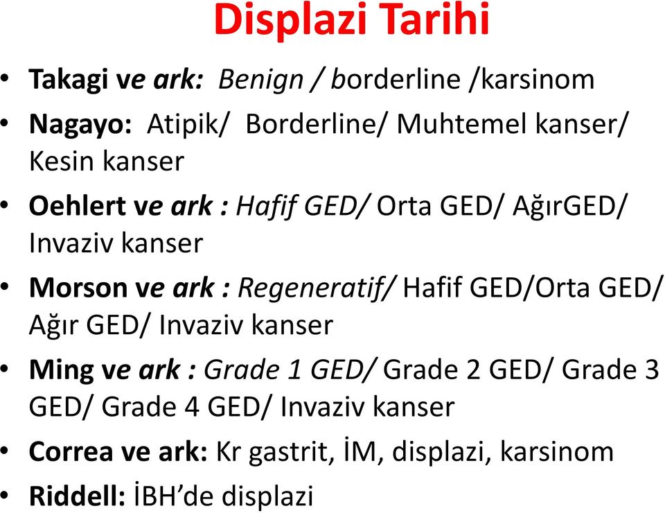 Regeneratif/ Hafif GED/Orta GED/ Ağır GED/ Invaziv kanser Ming ve ark : Grade 1 GED/ Grade 2 GED/