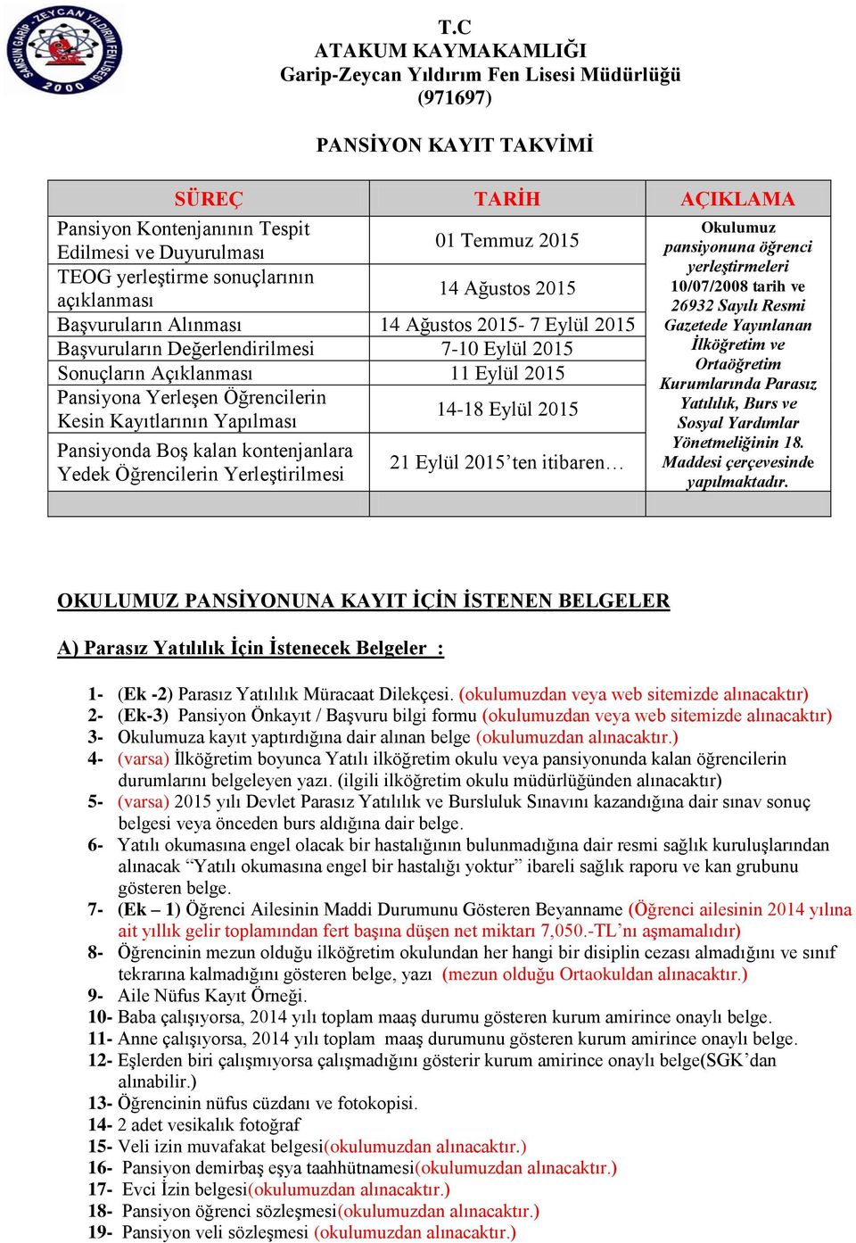 kalan kontenjanlara Yedek Öğrencilerin Yerleştirilmesi 21 Eylül 2015 ten itibaren Okulumuz pansiyonuna öğrenci yerleştirmeleri 10/07/2008 tarih ve 26932 Sayılı Resmi Gazetede Yayınlanan lköğretim ve