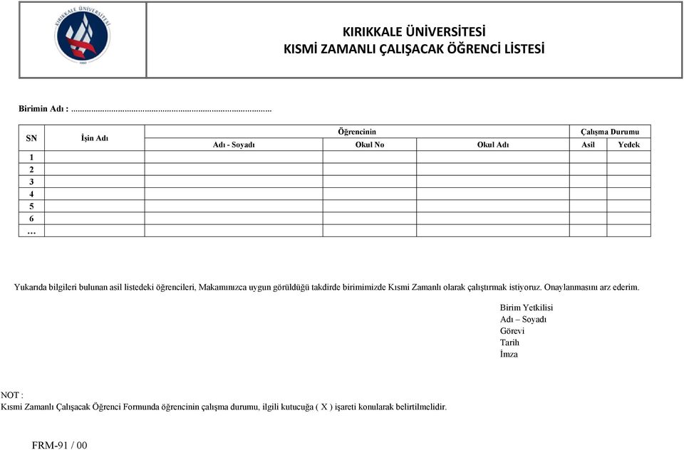 birimimizde Kısmi Zamanlı olarak çalıştırmak istiyoruz. Onaylanmasını arz ederim.