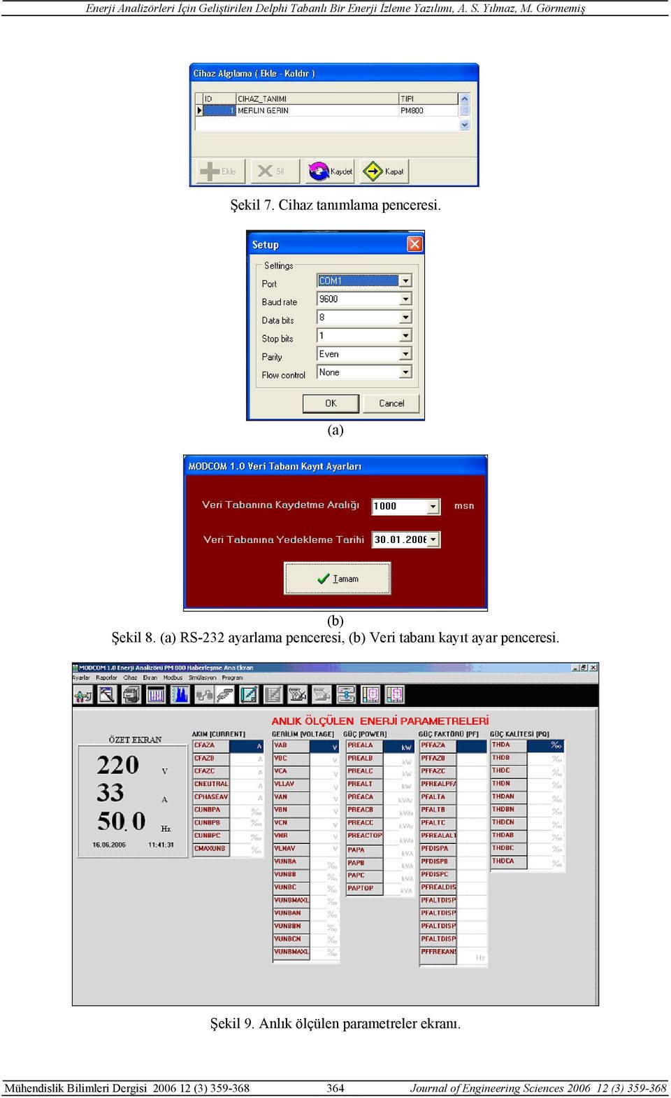 Şekil 9. Anlık ölçülen parametreler ekranı.