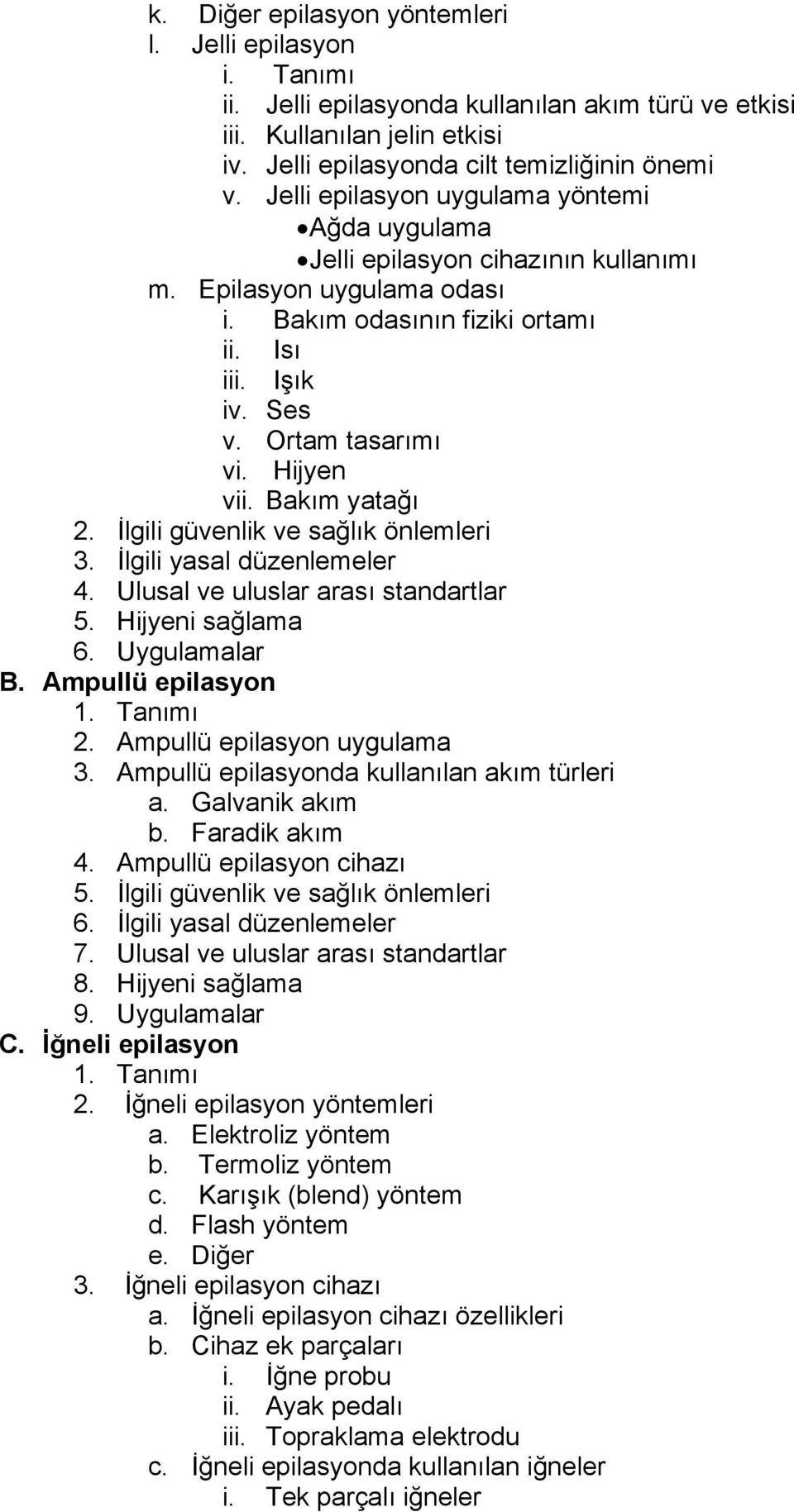 Hijyen vii. Bakım yatağı 2. İlgili güvenlik ve sağlık önlemleri 3. İlgili yasal düzenlemeler 4. Ulusal ve uluslar arası standartlar 5. Hijyeni sağlama 6. Uygulamalar B. Ampullü epilasyon 2.