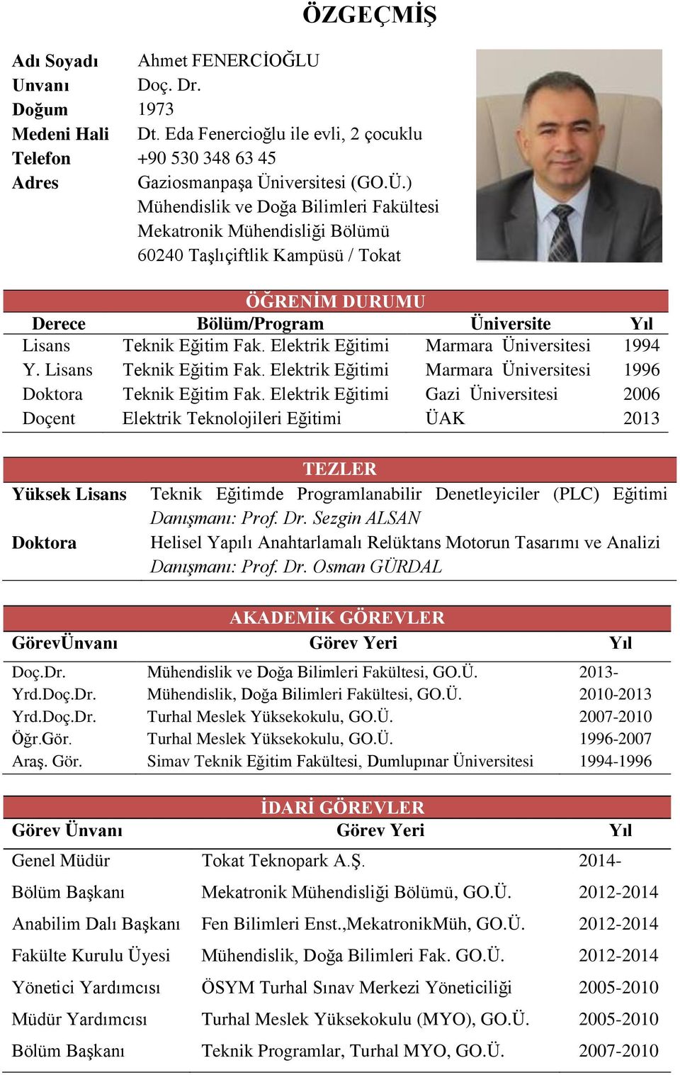 ) Mühendislik ve Doğa Bilimleri Fakültesi Mekatronik Mühendisliği Bölümü 60240 Taşlıçiftlik Kampüsü / Tokat ÖĞRENİM DURUMU Derece Bölüm/Program Üniversite Yıl Lisans Teknik Eğitim Fak.