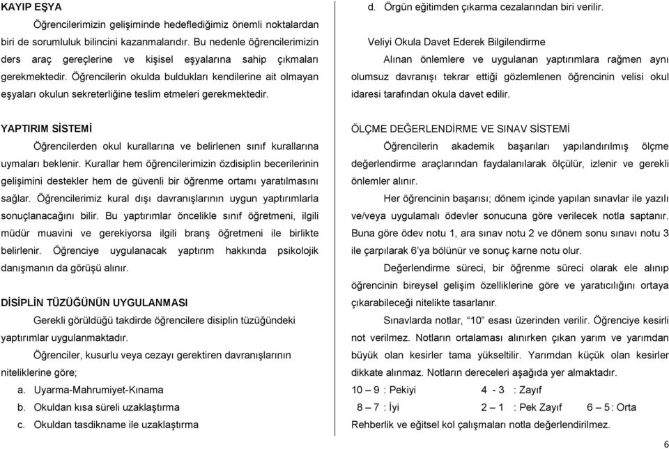 Öğrencilerin okulda buldukları kendilerine ait olmayan eşyaları okulun sekreterliğine teslim etmeleri gerekmektedir. d. Örgün eğitimden çıkarma cezalarından biri verilir.