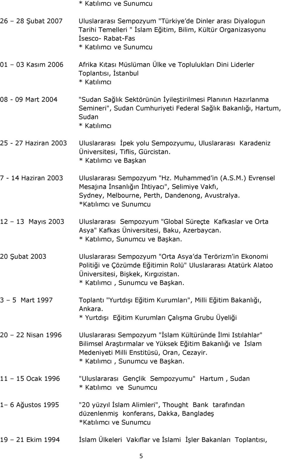 Bakanlığı, Hartum, Sudan 25-27 Haziran 2003 Uluslararası İpek yolu Sempozyumu, Uluslararası Karadeniz Üniversitesi, Tiflis, Gürcistan. ve Başkan 7-14 Haziran 2003 Uluslararası Sempozyum "Hz.