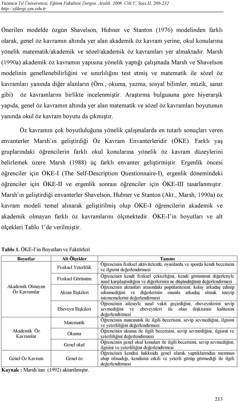 Marsh (1990a) akademik öz kavramın yapısına yönelik yaptığı çalışmada Marsh ve Shavelson modelinin genellenebilirliğini ve sınırlılığını test etmiş ve matematik ile sözel öz kavramları yanında diğer