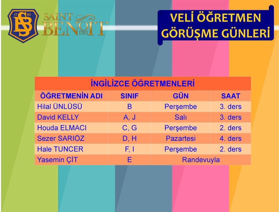 TUNCER Yasemin ÇİT SINIF B A, J C, G D, H F, I E GÜN SAAT