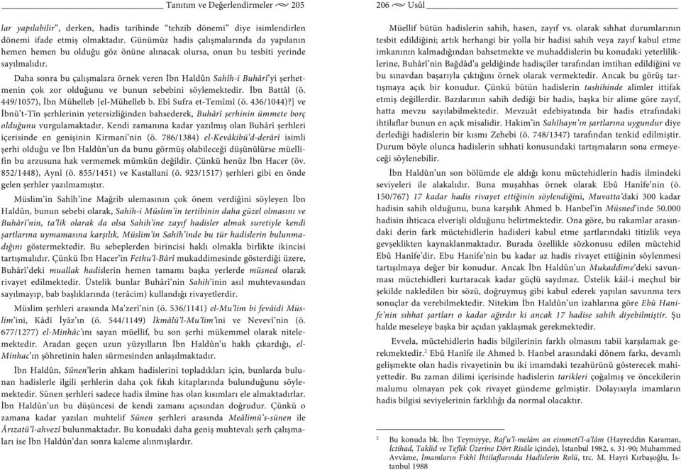 Daha sonra bu çalışmalara örnek veren İbn Haldûn Sahîh-i Buhârî yi şerhetmenin çok zor olduğunu ve bunun sebebini söylemektedir. İbn Battâl (ö. 449/1057), İbn Mühelleb [el-mühelleb b.