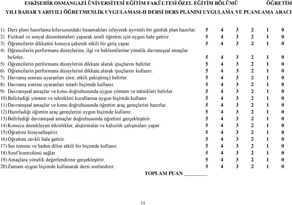 5 4 3 2 1 0 3) Öğrencilerin dikkatini konuya çekerek etkili bir giriş yapar. 5 4 3 2 1 0 4) Öğrencilerin performans düzeylerine, ilgi ve beklentilerine yönelik davranışsal amaçlar belirler.