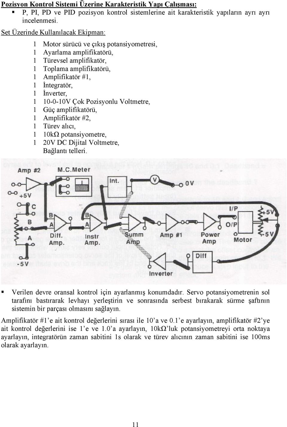 10-0-10V Çok Pozisyonlu Voltmetre, 1 Güç amplifikatörü, 1 Amplifikatör #2, 1 Türev alıcı, 1 10kΩ potansiyometre, 1 20V DC Dijital Voltmetre, Bağlantı telleri.