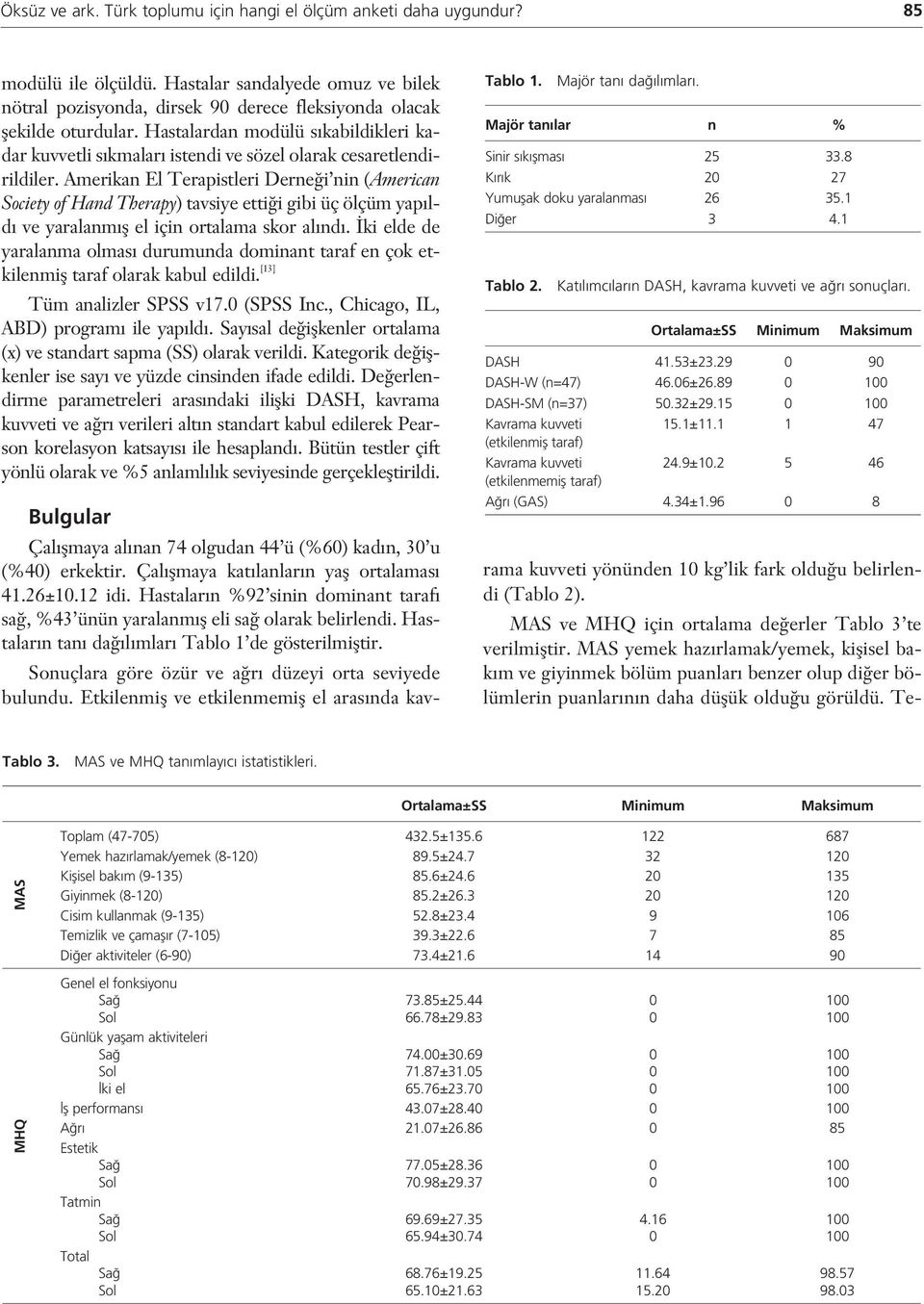 Amerikan El Terapistleri Derne i nin (American Society of Hand Therapy) tavsiye etti i gibi üç ölçüm yap ld ve yaralanm fl el için ortalama skor al nd.