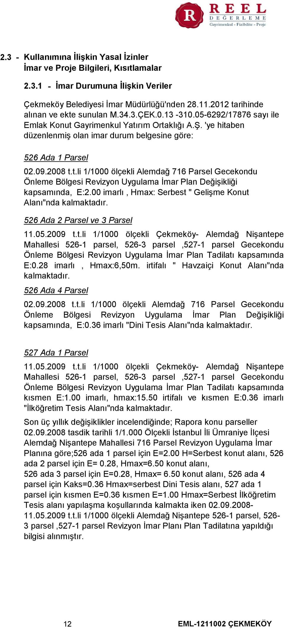 'ye hitaben düzenlenmiş olan imar durum belgesine göre 526 Ada 1 Parsel 02.09.2008 t.t.li 1/1000 ölçekli Alemdağ 716 Parsel Gecekondu Önleme Bölgesi Revizyon Uygulama İmar Plan Değişikliği kapsamında, E2.