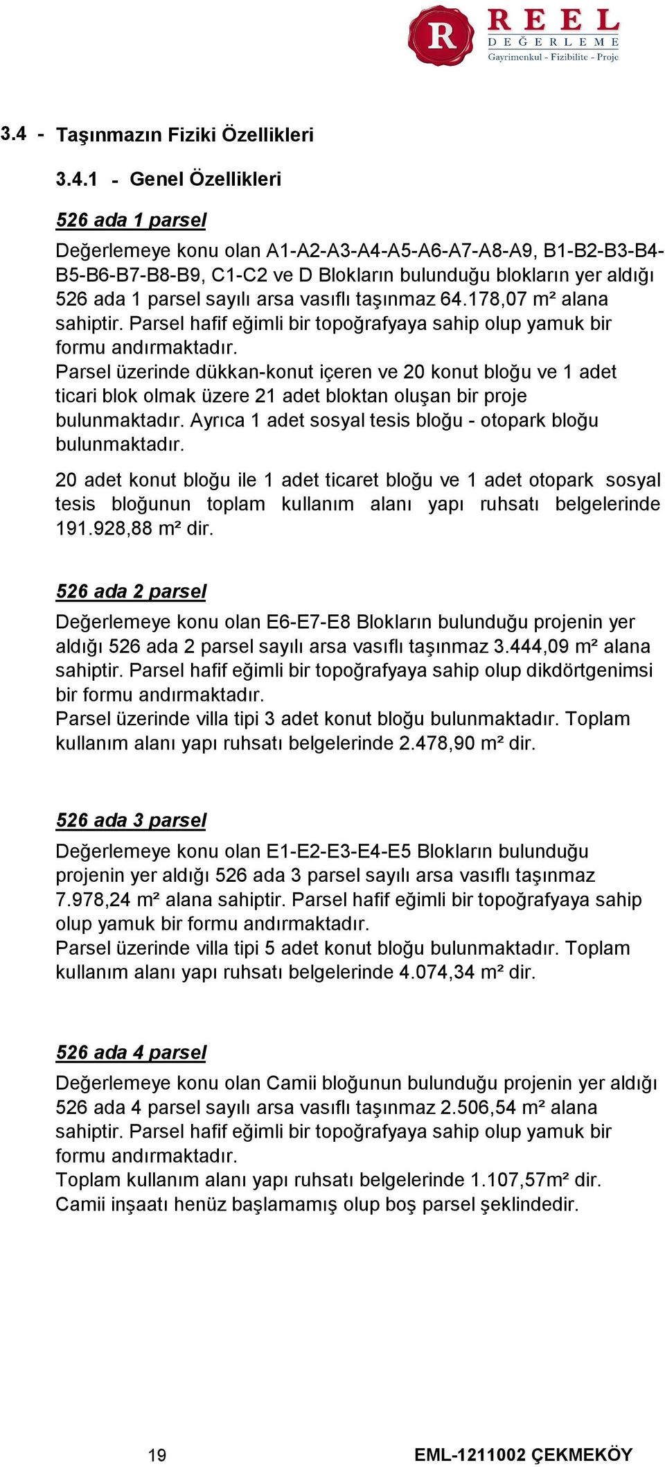 Parsel üzerinde dükkan-konut içeren ve 20 konut bloğu ve 1 adet ticari blok olmak üzere 21 adet bloktan oluşan bir proje bulunmaktadır. Ayrıca 1 adet sosyal tesis bloğu - otopark bloğu bulunmaktadır.