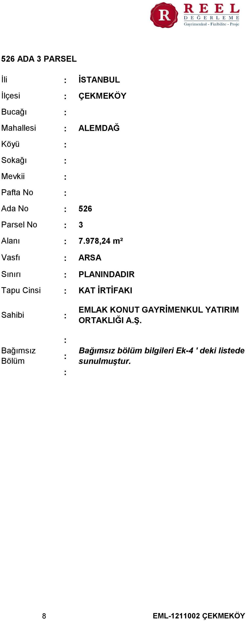 978,24 m² Vasfı Sınırı Tapu Cinsi Sahibi Bağımsız Bölüm ARSA PLANINDADIR KAT İRTİFAKI