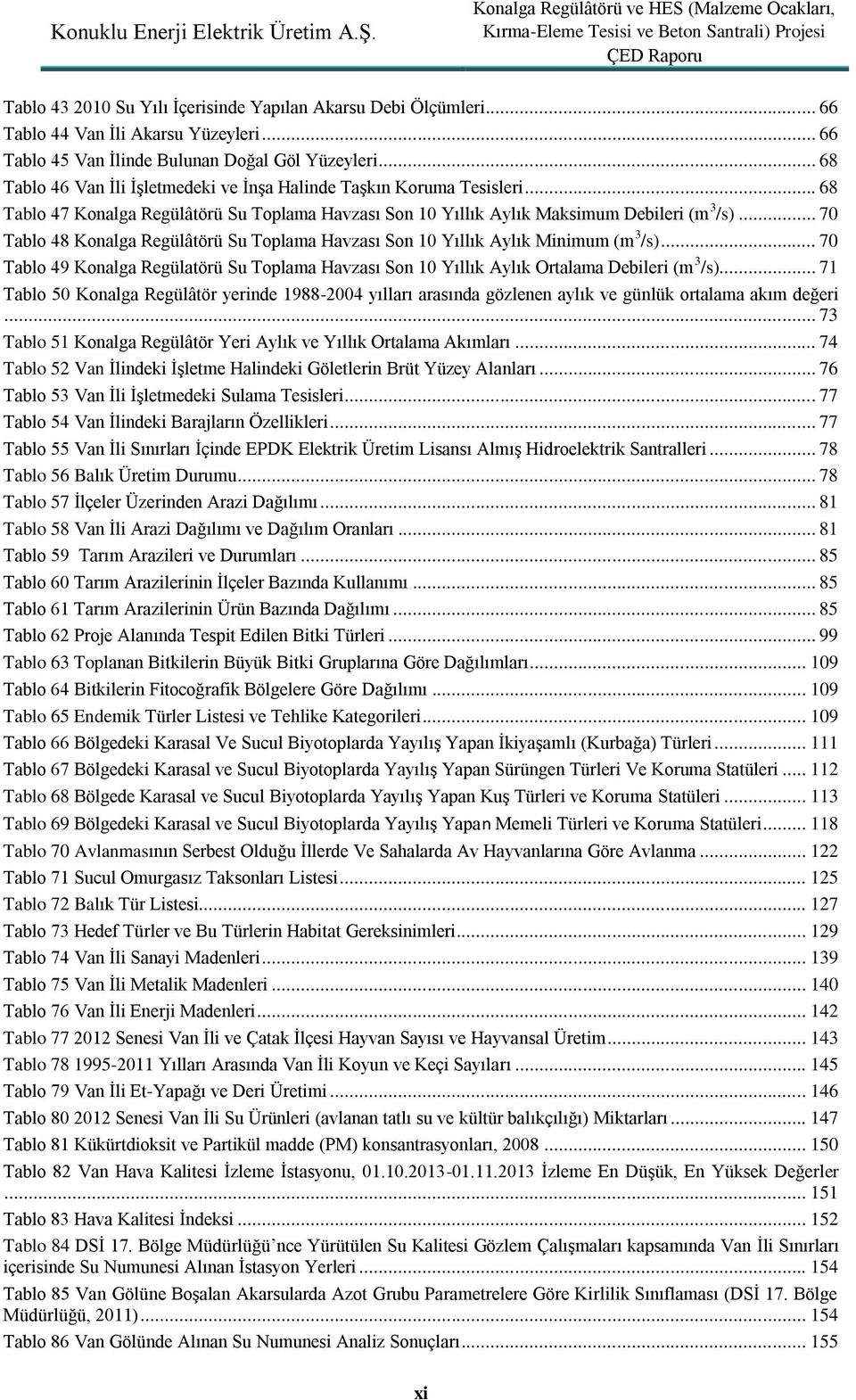 .. 70 Tablo 48 Konalga Regülâtörü Su Toplama Havzası Son 10 Yıllık Aylık Minimum (m 3 /s)... 70 Tablo 49 Konalga Regülatörü Su Toplama Havzası Son 10 Yıllık Aylık Ortalama Debileri (m 3 /s).