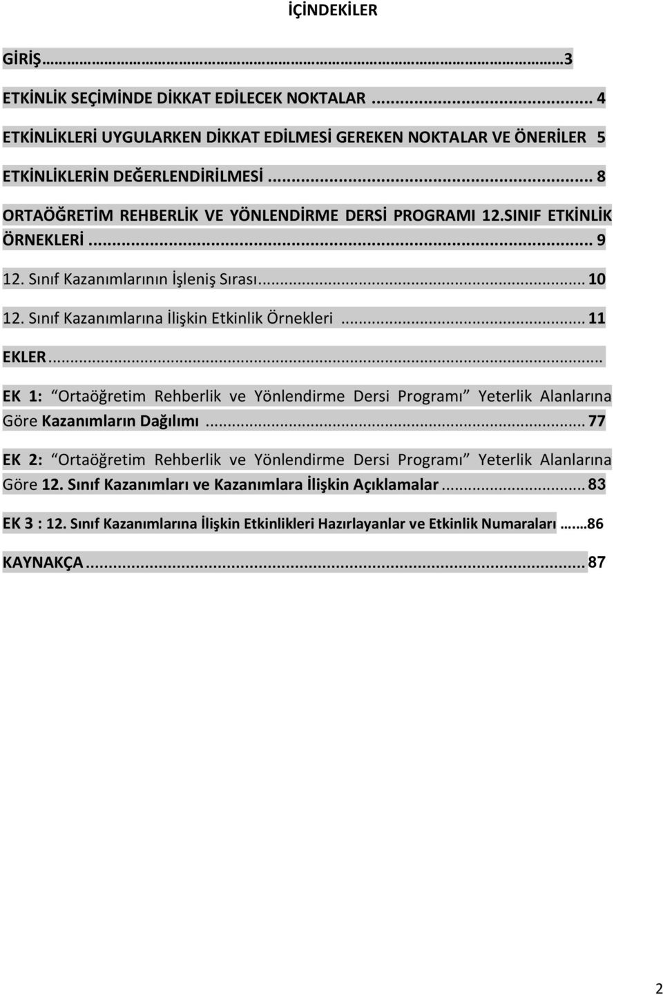 Sınıf Kazanımlarına İlişkin Etkinlik Örnekleri... 11 EKLER... EK 1: Ortaöğretim Rehberlik ve Yönlendirme Dersi Programı Yeterlik Alanlarına Göre Kazanımların Dağılımı.