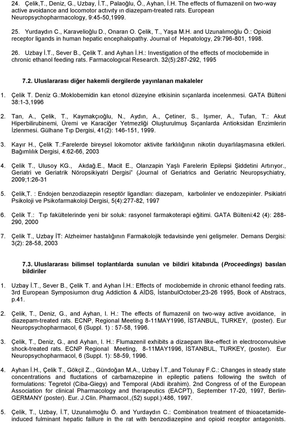 Journal of Hepatology, 29:796-801, 1998. 26. Uzbay İ.T., Sever B., Çelik T. and Ayhan İ.H.: Investigation of the effects of moclobemide in chronic ethanol feeding rats. Farmacologıcal Research.