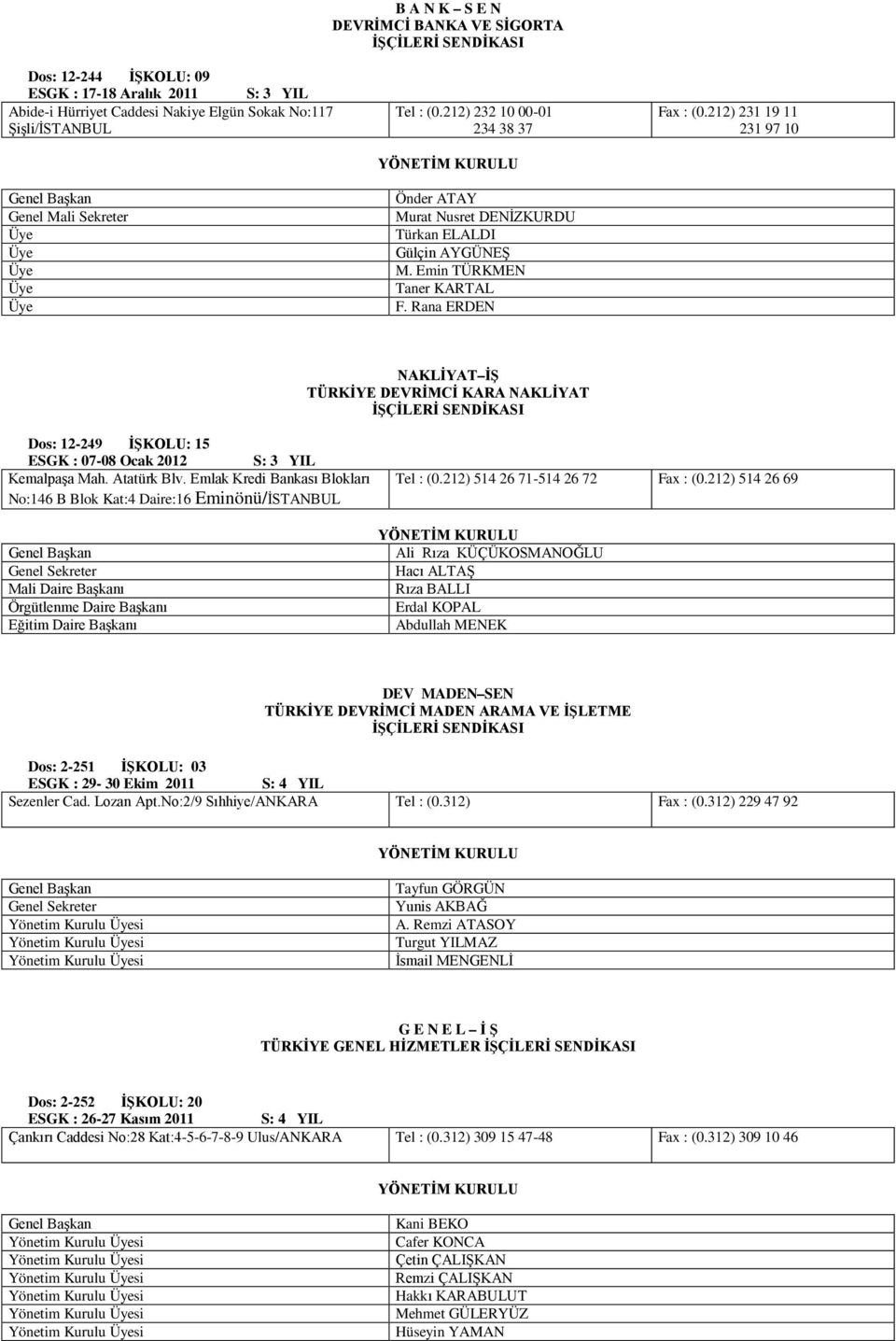 212) 231 19 11 231 97 10 NAKLİYAT İŞ TÜRKİYE DEVRİMCİ KARA NAKLİYAT Dos: 12-249 İŞKOLU: 15 ESGK : 07-08 Ocak 2012 S: 3 YIL Kemalpaşa Mah. Atatürk Blv.