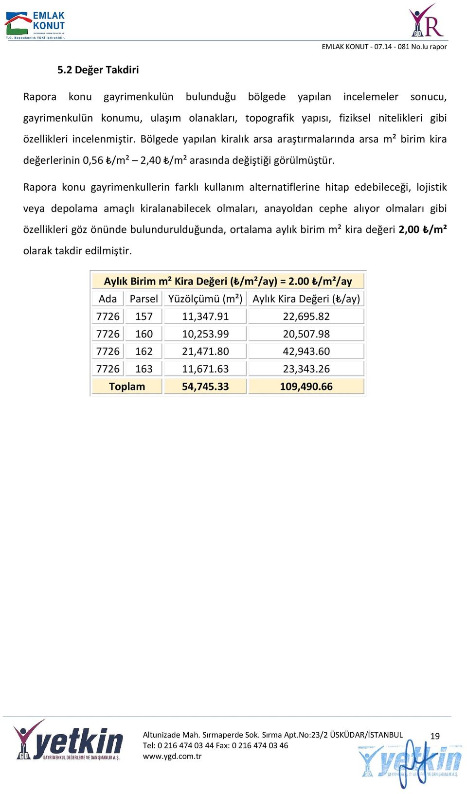 Rapora konu gayrimenkullerin farklı kullanım alternatiflerine hitap edebileceği, lojistik veya depolama amaçlı kiralanabilecek olmaları, anayoldan cephe alıyor olmaları gibi özellikleri göz önünde