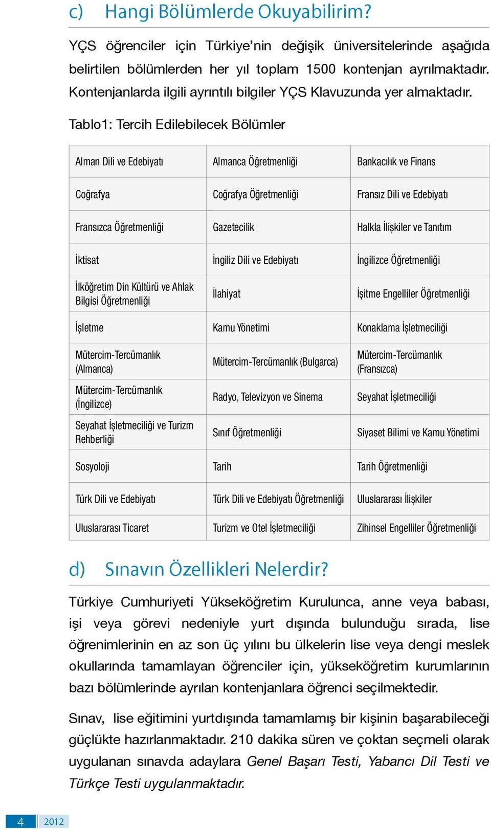 Tablo1: Tercih Edilebilecek Bölümler Alman Dili ve Edebiyatı Almanca Öğretmenliği Bankacılık ve Finans Coğrafya Coğrafya Öğretmenliği Fransız Dili ve Edebiyatı Fransızca Öğretmenliği Gazetecilik