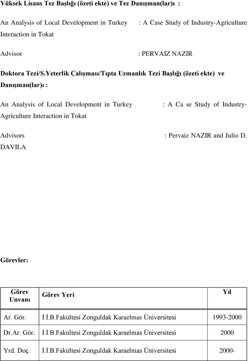 Yeterlik Çalışması/Tıpta Uzmanlık Tezi Başlığı (özeti ekte) ve Danışman(lar)ı : An Analysis of Local Development in Turkey Agriculture Interaction in Tokat : A Ca se