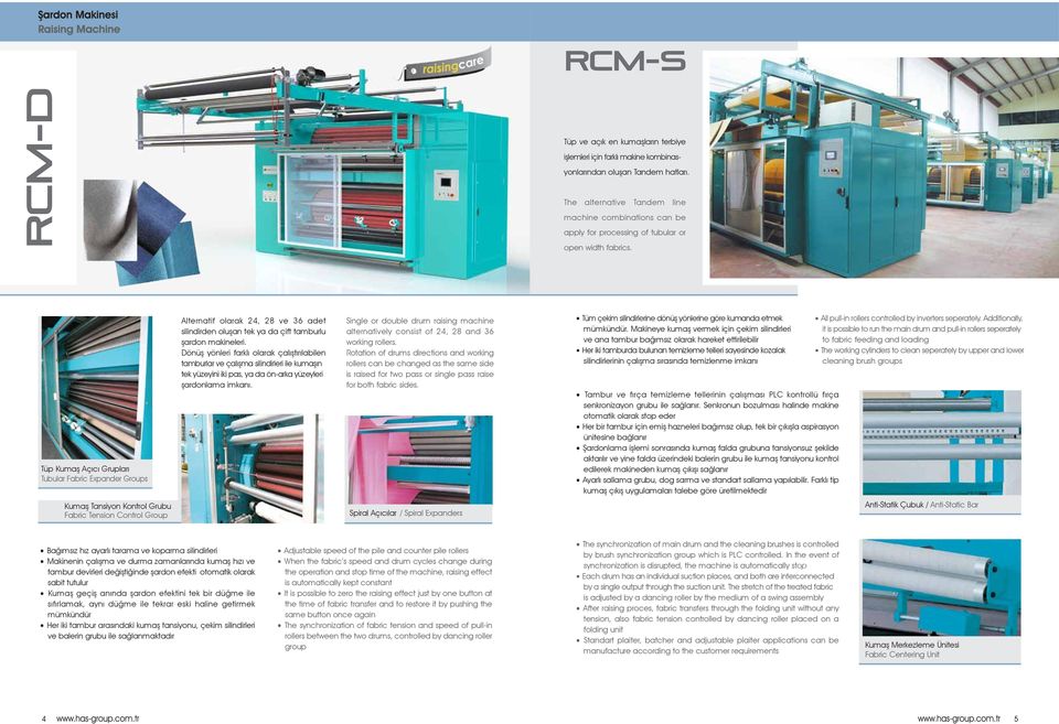Tüp Kumaş Açıcı Grupları Tubular Fabric Expander Groups Alternatif olarak 24, 28 ve 36 adet silindirden oluşan tek ya da çift tamburlu şardon makineleri.