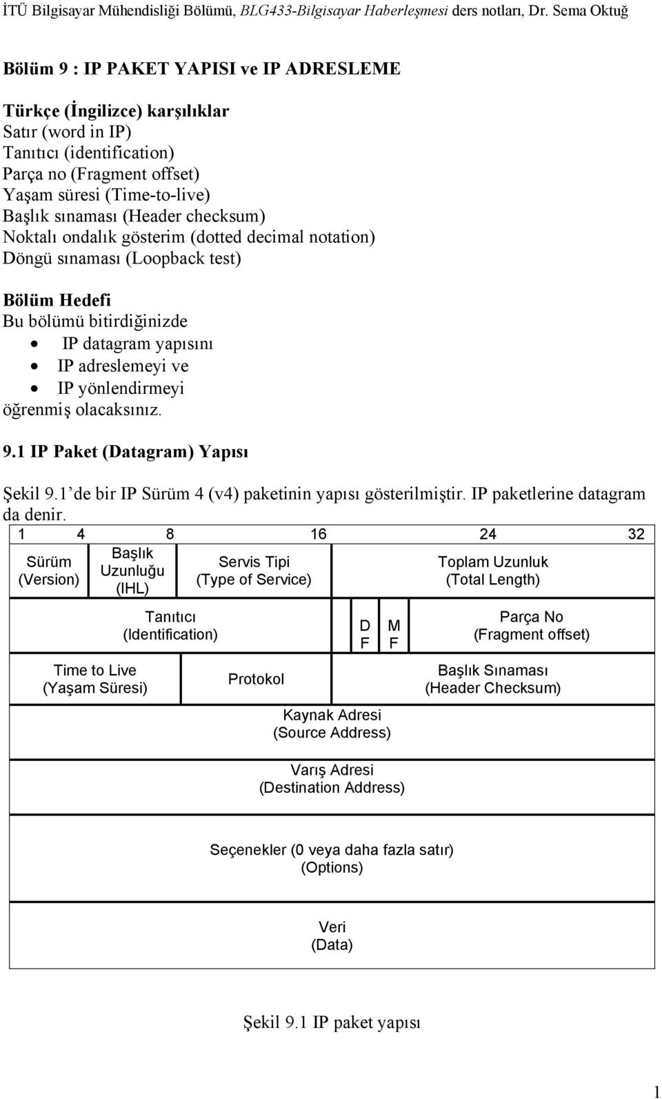 olacaksınız. 9.1 IP Paket (Datagram) Yapısı Şekil 9.1 de bir IP Sürüm 4 (v4) paketinin yapısı gösterilmiştir. IP paketlerine datagram da denir.