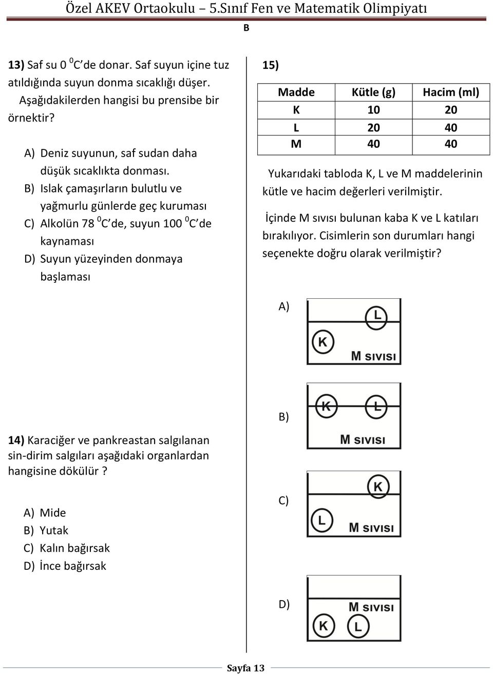 ) Islak çamaşırların bulutlu ve yağmurlu günlerde geç kuruması C) Alkolün 78 0 C de, suyun 100 0 C de kaynaması D) Suyun yüzeyinden donmaya başlaması 15) Madde Kütle (g) Hacim (ml) K 10 20 L 20