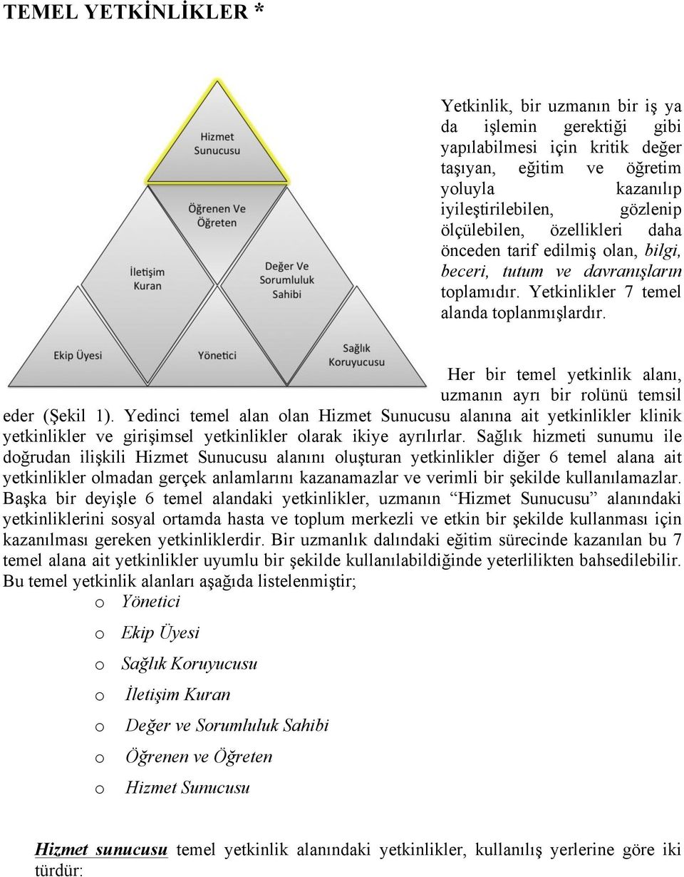 Yetkinlikler 7 temel alanda toplanmışlardır. Her bir temel yetkinlik alanı, uzmanın ayrı bir rolünü temsil eder (Şekil 1).