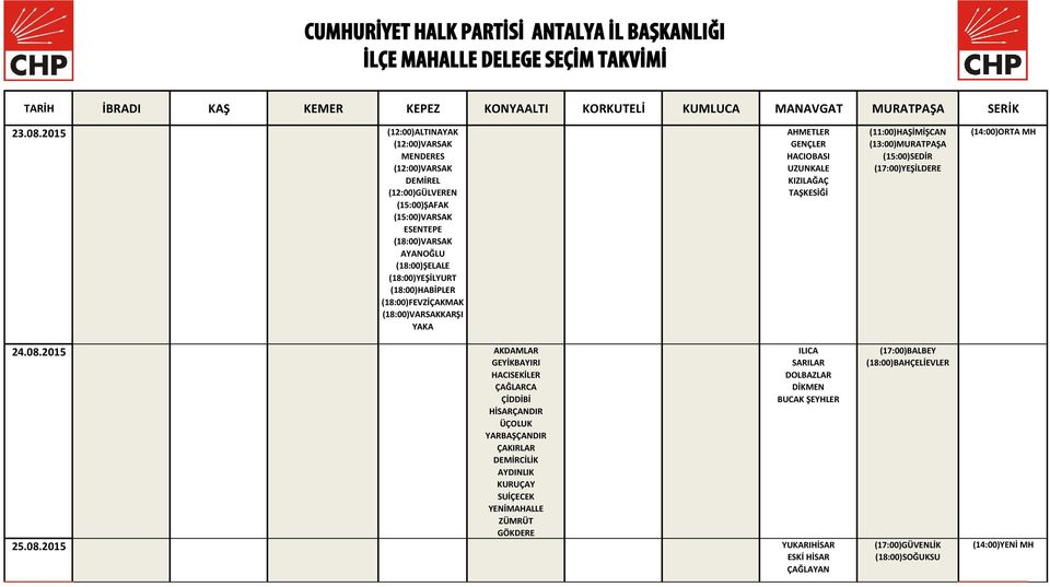 (18:00)FEVZİÇAKMAK (18:00)VARSAKKARŞI YAKA AHMETLER GENÇLER HACIOBASI UZUNKALE KIZILAĞAÇ TAŞKESİĞİ (11:00)HAŞİMİŞCAN (13:00)MURATPAŞA (15:00)SEDİR (17:00)YEŞİLDERE (14:00)ORTA MH 24.08.