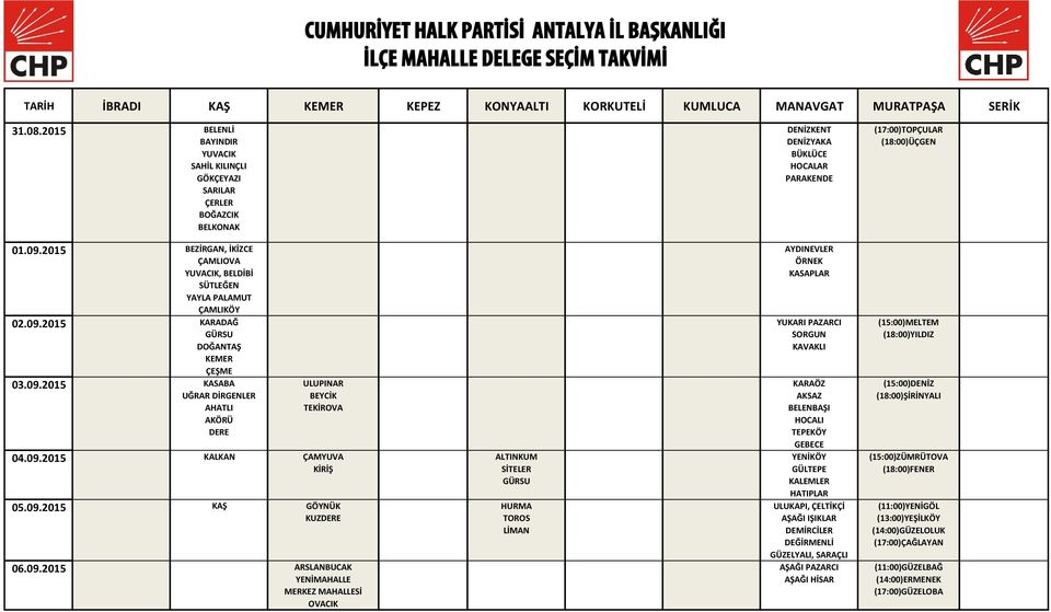 2015 BEZİRGAN, İKİZCE ÇAMLIOVA YUVACIK, BELDİBİ SÜTLEĞEN YAYLA PALAMUT ÇAMLIKÖY 02.09.2015 KARADAĞ GÜRSU DOĞANTAŞ KEMER ÇEŞME 03.09.2015 KASABA UĞRAR DİRGENLER AHATLI AKÖRÜ DERE ULUPINAR BEYCİK TEKİROVA 04.