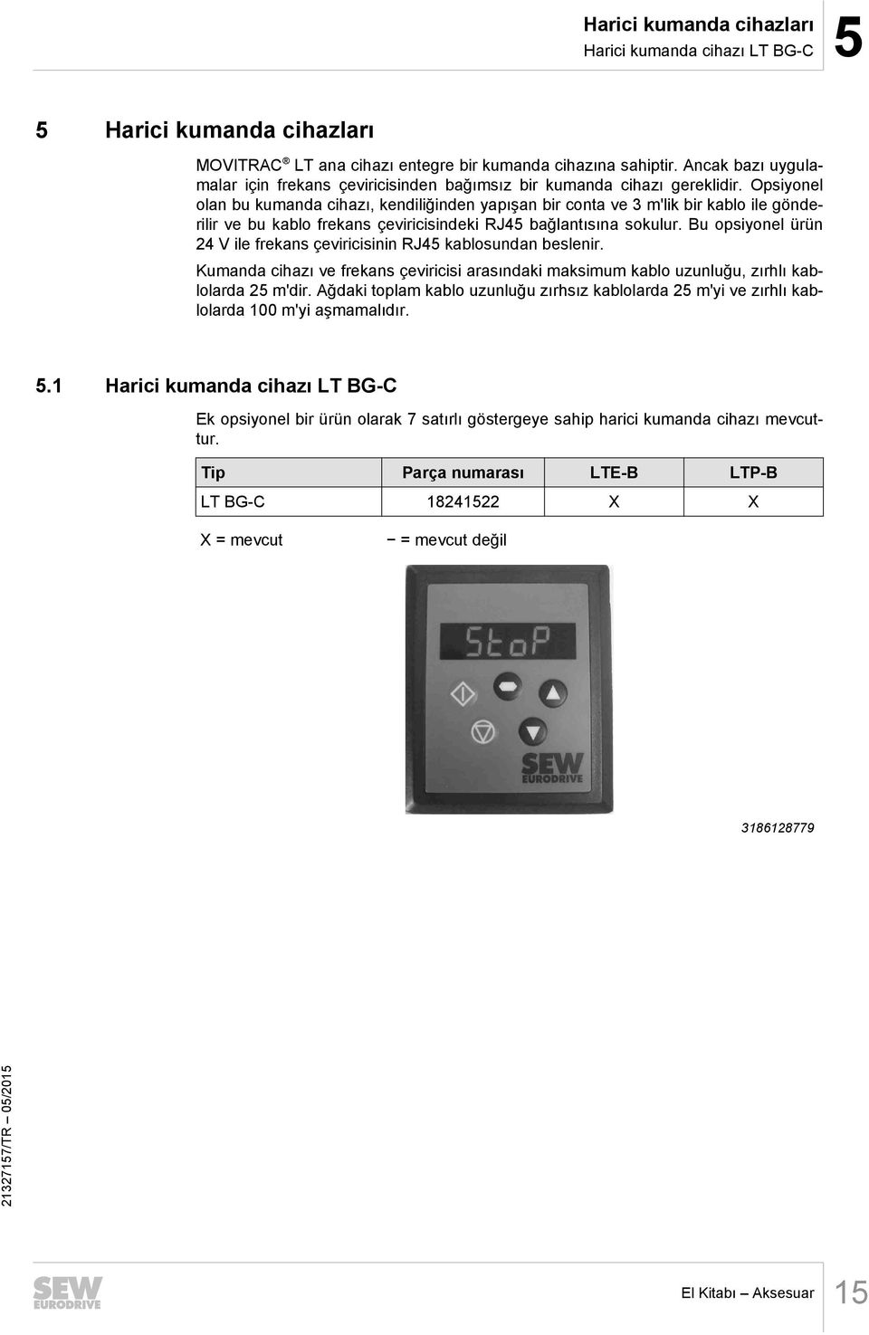 Opsiyonel olan bu kumanda cihazı, kendiliğinden yapışan bir conta ve 3 m'lik bir kablo ile gönderilir ve bu kablo frekans çeviricisindeki RJ45 bağlantısına sokulur.