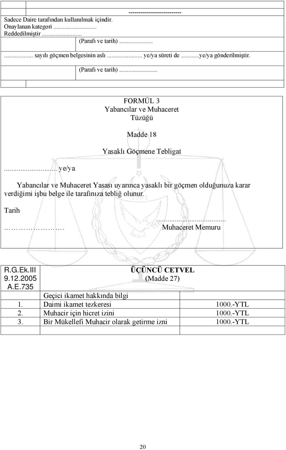 ..... ye/ya FORMÜL 3 Yabancılar ve Muhaceret Tüzüğü Madde 18 Yasaklı Göçmene Tebligat Yabancılar ve Muhaceret Yasası uyarınca yasaklı bir göçmen olduğunuza karar