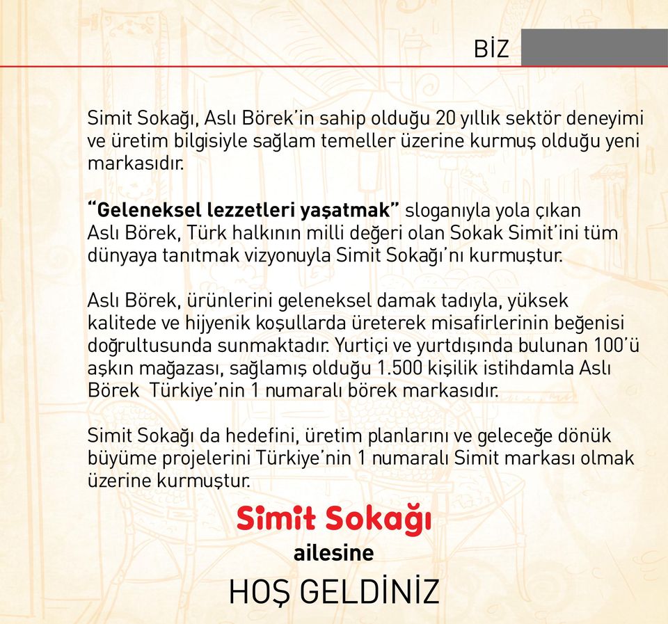 Aslı Börek, ürünlerini geleneksel damak tadıyla, yüksek kalitede ve hijyenik koşullarda üreterek misafirlerinin beğenisi doğrultusunda sunmaktadır.