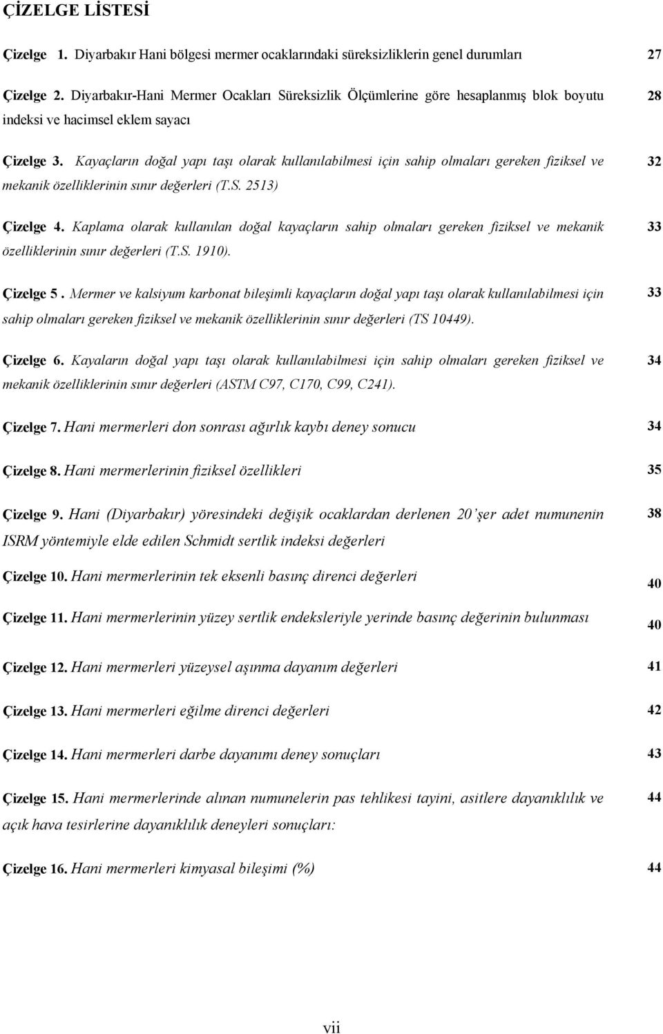 Kayaçların doğal yapı taşı olarak kullanılabilmesi için sahip olmaları gereken fiziksel ve mekanik özelliklerinin sınır değerleri (T.S. 2513) Çizelge 4.